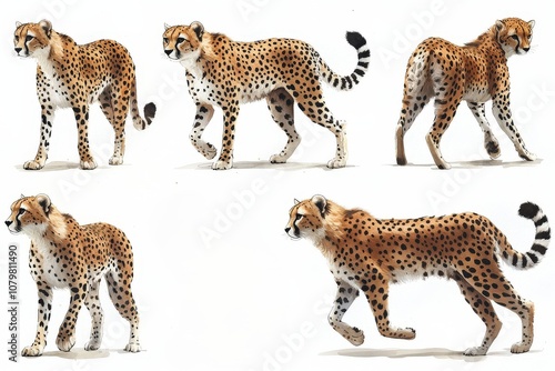 Five poses of a cheetah showcasing its agility and grace. photo