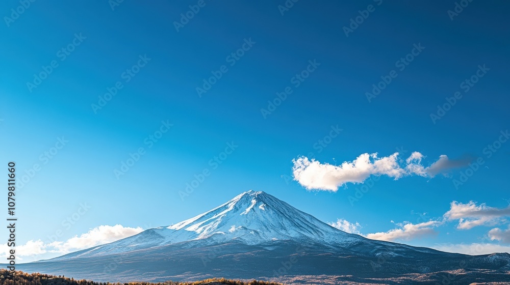 Majestic snow-capped mountain peak against a clear blue sky with fluffy white clouds Majestic snow-capped mountain peak against a clear blue sky with fluffy white clouds