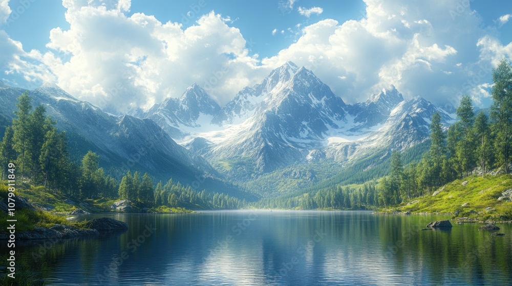 Serene mountain landscape with a tranquil lake and lush greenery. Serene mountain landscape with a tranquil lake and lush greenery.