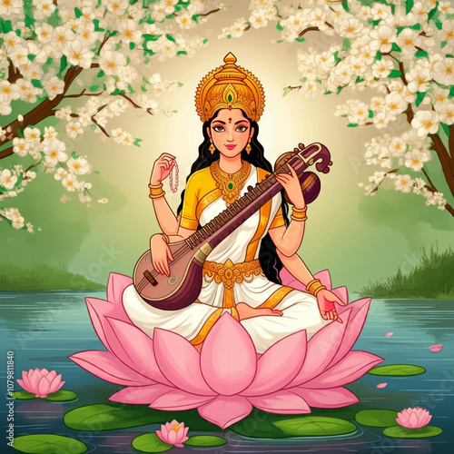 Goddess Saraswati is seated...