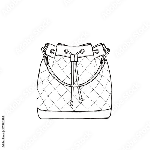 Bucket bag for women, drawstring crossbody hobo, shoulder bag with detachable straps drawing template mock-up vector line art. Isolated on a white background. photo