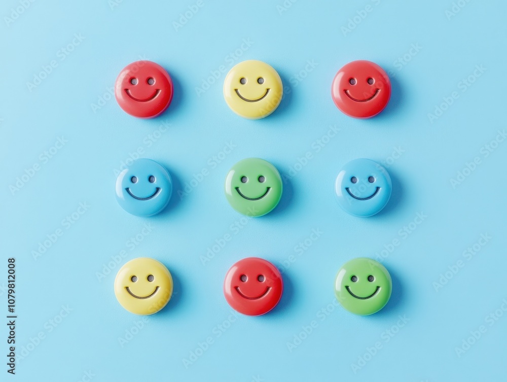 Colorful smiley face buttons on a blue background Colorful smiley face buttons on a blue background