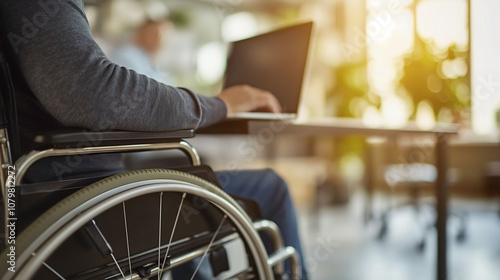 Obraz na płótnie Inclusive Workplace: Professional in Wheelchair Using Laptop w salonie