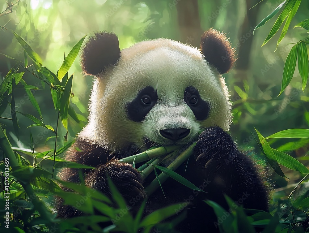 Fototapeta premium Peaceful Panda Munching on Bamboo in Lush Forest with Sunlight Filtering Through Leaves