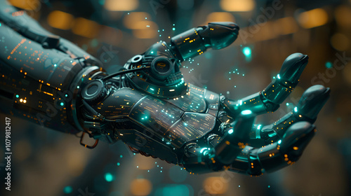 Futuristic Robotic Hand with Glowing Circuits and Particles