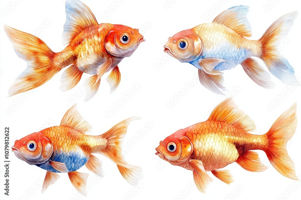 Four colorful goldfish illustrated in a playful, artistic style. Four colorful goldfish illustrated in a playful, artistic style.