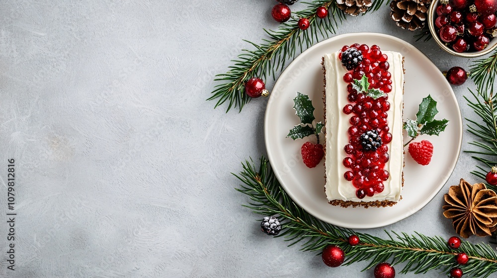 A festive cake adorned with red berries, surrounded by greenery and holiday decorations, perfect for celebrations. A festive cake adorned with red berries, surrounded by greenery and holiday decorations, perfect for celebrations.