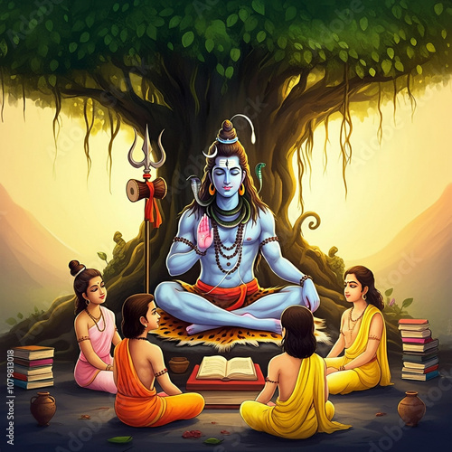 Lord Shiva is seated peacefully under a large, sacred tree, surrounded by attentive disciples. His calm and composed demeanor signifies his role as a wise teacher and spiritual guide, imparting divine