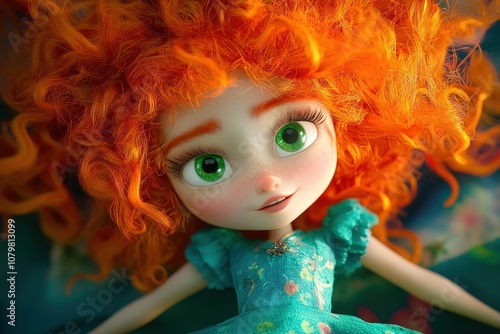 Vibrant and whimsical doll with fiery red curly hair and striking green eyes