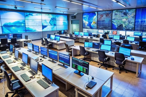 a large computer room with a large screen that says the word on the wall