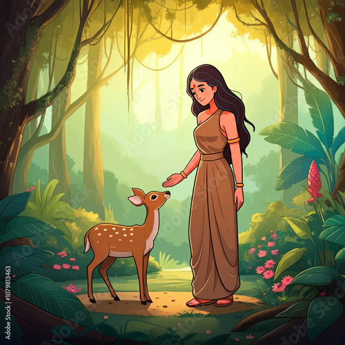 Goddess Sita in a peaceful forest scene, gently reaching out to a deer. The serene environment reflects her compassion and harmony with nature, embodying purity and kindness photo