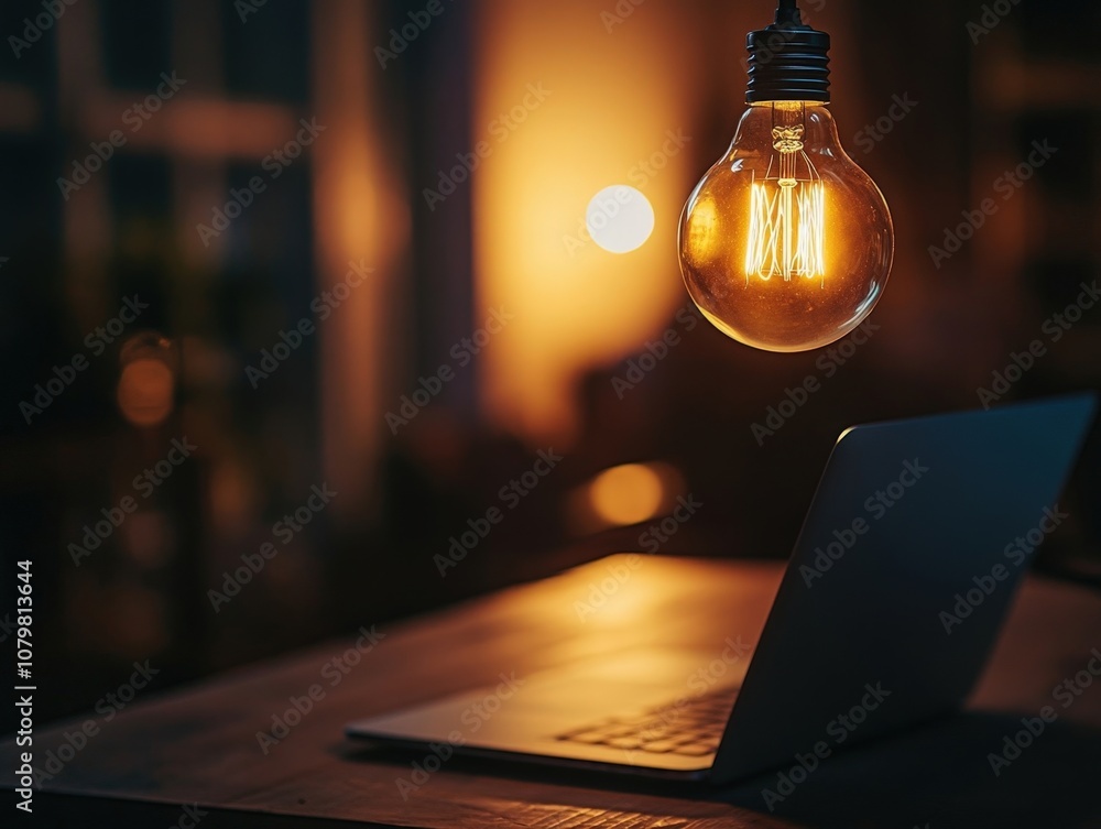 Glowing lightbulb illuminating a laptop on a wooden desk in a dark room Glowing lightbulb illuminating a laptop on a wooden desk in a dark room