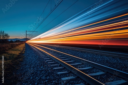 A high-speed train streaks across the countryside at dusk, leaving a colorful light trail.