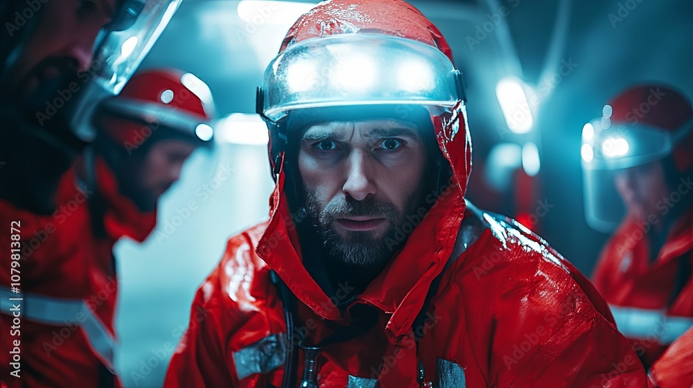 Close-up portrait of a man wearing a red protective suit and helmet with a headlamp, looking intently at the camera. Close-up portrait of a man wearing a red protective suit and helmet with a headlamp, looking intently at the camera.