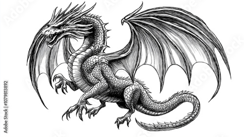 A black and white sketch of a dragon, drawn with detailed lines on a plain white canvas