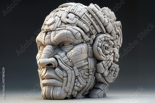 3D Human Head Sculpture Merging Futuristic Ancient mesoamerican designs photo