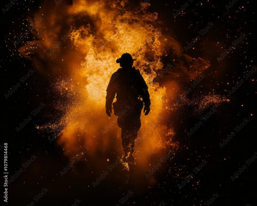Silhouette of a fireman emerging from the fire. AI generative Silhouette of a fireman emerging from the fire. AI generative