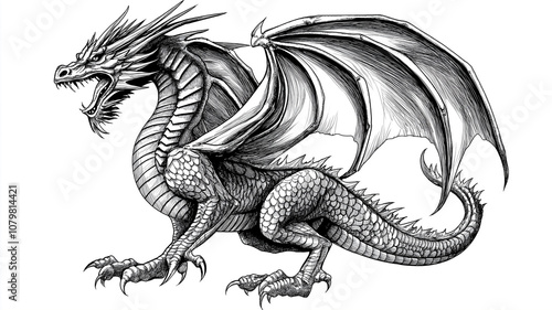 A black and white sketch of a dragon, drawn with detailed lines on a plain white canvas