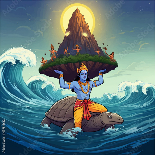 Lord Vishnu as Kurma (the tortoise incarnation) lifting Mount Mandara during the churning of the ocean, symbolizing support, stability, and the cosmic balance in Hindu mythology