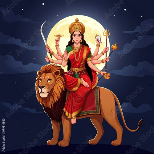 Goddess Durga riding her li...
