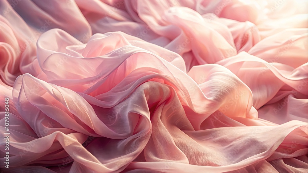 Delicate, Light Pink Sheer Fabric Draped in Soft Folds and Waves, Illuminated by Warm Sunlight Delicate, Light Pink Sheer Fabric Draped in Soft Folds and Waves, Illuminated by Warm Sunlight
