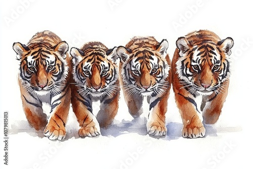 Fototapeta Naklejka Na Ścianę i Meble -  Three Tiger Cubs Watercolor Painting