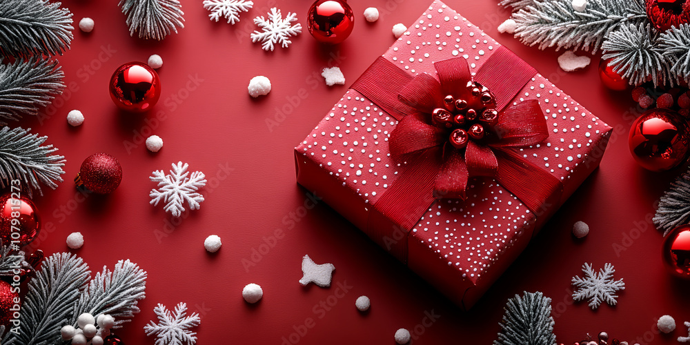 Christmas background with red gift box, fir tree branches and snowflakes on red background. Christmas background with red gift box, fir tree branches and snowflakes on red background.