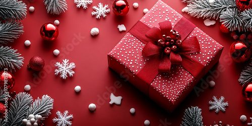 Christmas background with red gift box, fir tree branches and snowflakes on red background.
