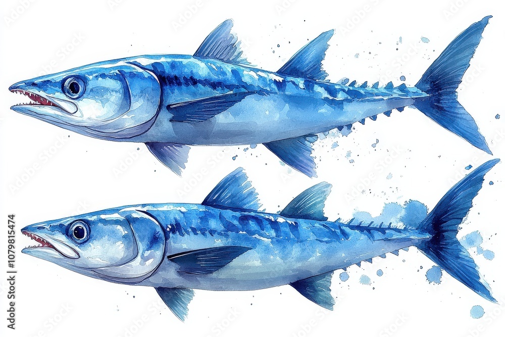 Fototapeta premium Watercolor Painting of Two Blue Fish with Open Mouths