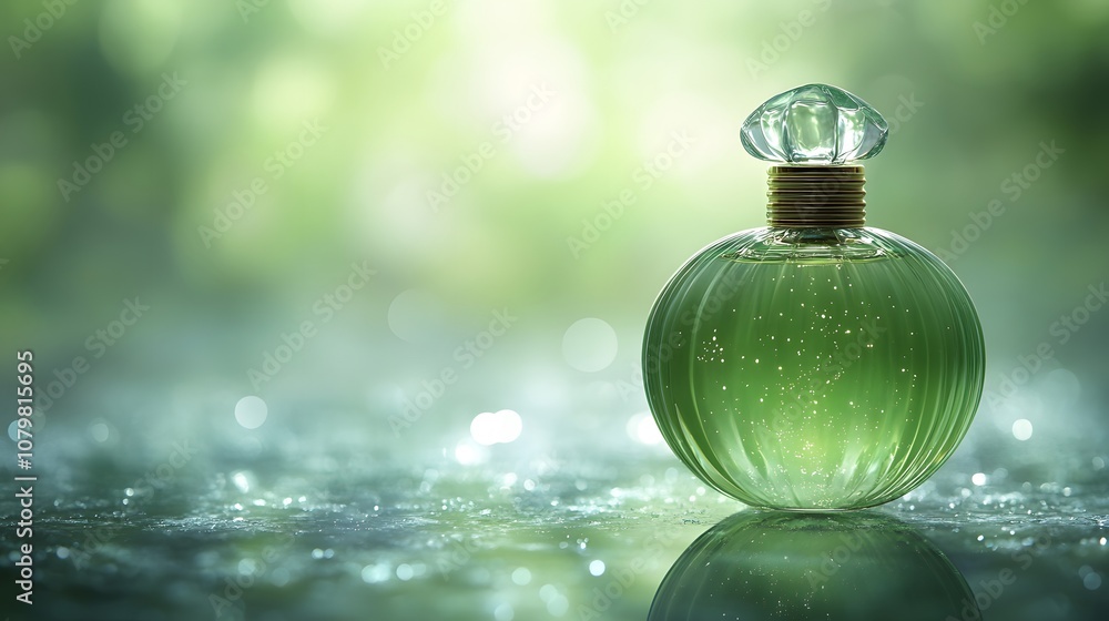 Captivating Green Perfume Bottle on Reflective Surface with Soft Focus Background Creating an Ethereal and Elegant Atmosphere for Beauty and Fragrance Promotion Captivating Green Perfume Bottle on Reflective Surface with Soft Focus Background Creating an Ethereal and Elegant Atmosphere for Beauty and Fragrance Promotion