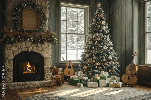 3D rendering of Christmas tree decorated with white and green presents, children's toys on the floor, snow-covered landscape outside the window, stone fireplace, and wooden chair with musical instrume photo