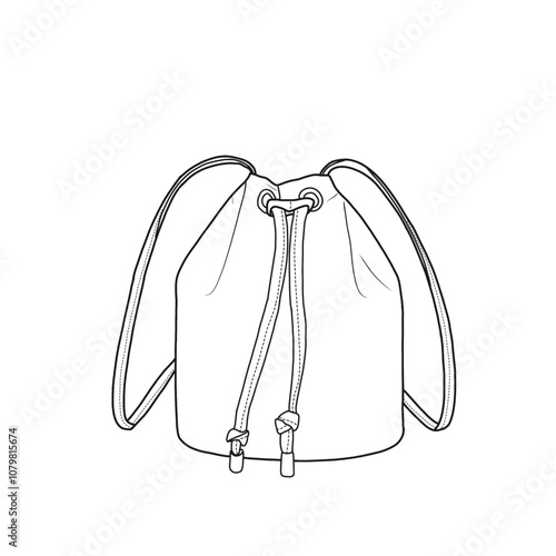 Bucket bag for women, crossbody bag with drawstring flat sketch fashion illustration drawing template mock-up, front view. Isolated on a white background.