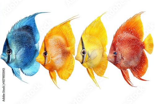 Four Watercolor Angelfish with Blue, Orange, Yellow, and Red Coloring photo