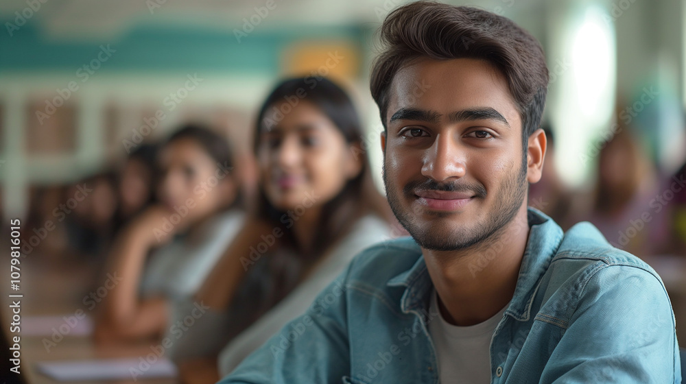 Diverse College Students in Lecture Hall with Focus on Smiling Young Man Diverse College Students in Lecture Hall with Focus on Smiling Young Man