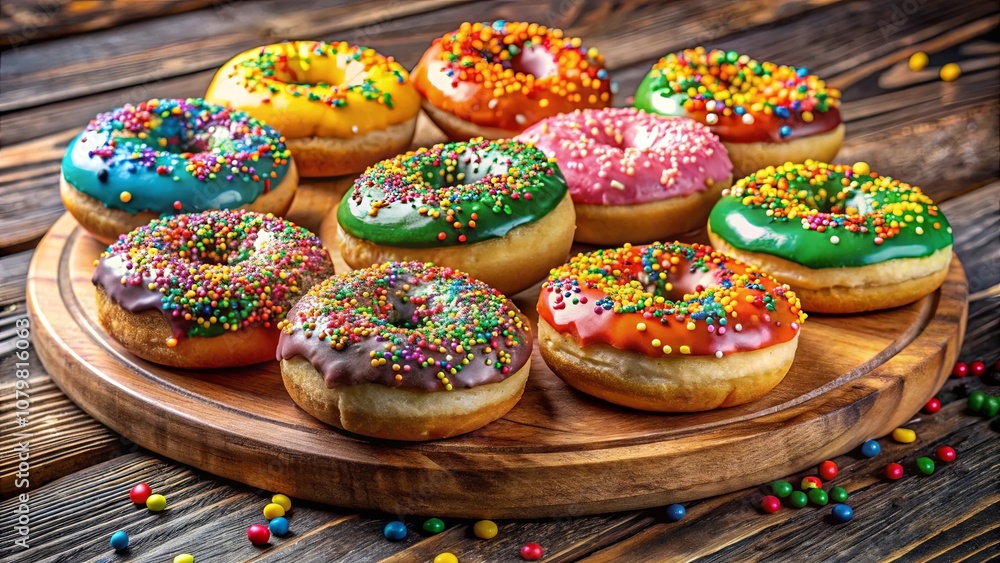 A Colorful Array of Glazed Donuts with Sprinkles on a Wooden Plate and Scattered Sprinkles A Colorful Array of Glazed Donuts with Sprinkles on a Wooden Plate and Scattered Sprinkles