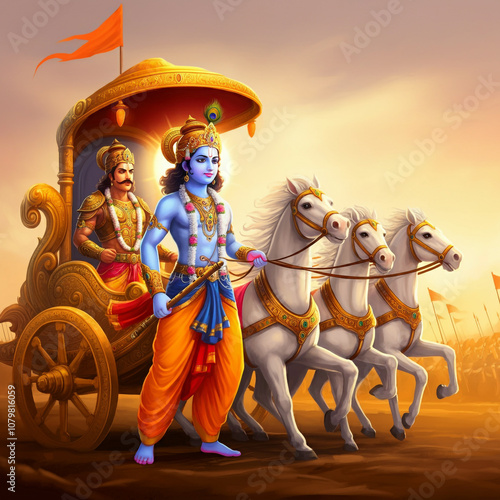 Lord Krishna counseling Arjuna on the battlefield, representing the Bhagavad Gita’s teachings of dharma, duty, and spiritual wisdom photo