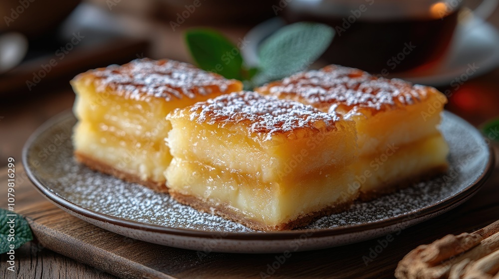 Three squares of lemon bars on a plate, dusted with powdered sugar. Three squares of lemon bars on a plate, dusted with powdered sugar.