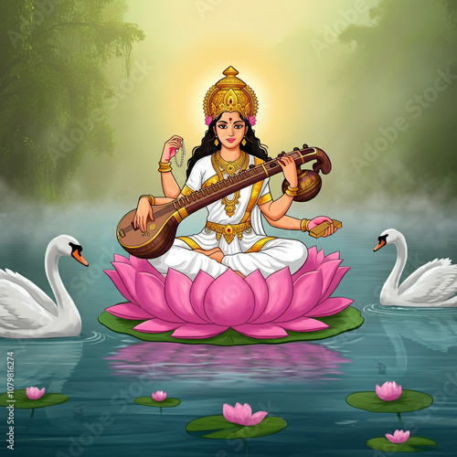 Goddess Saraswati on a lotu...