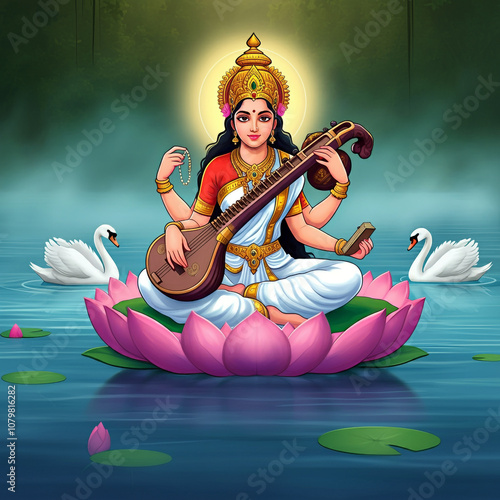 Goddess Saraswati seated on...