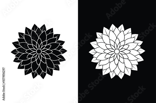 Dahlia Flower Silhouette Icon. Classic Black and White Vector Designs