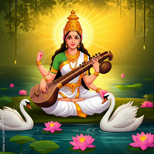 Goddess Saraswati seated by...