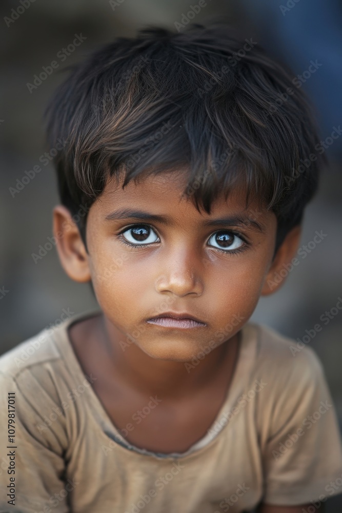 Thoughtful young boy with dark hair and deep eyes Thoughtful young boy with dark hair and deep eyes