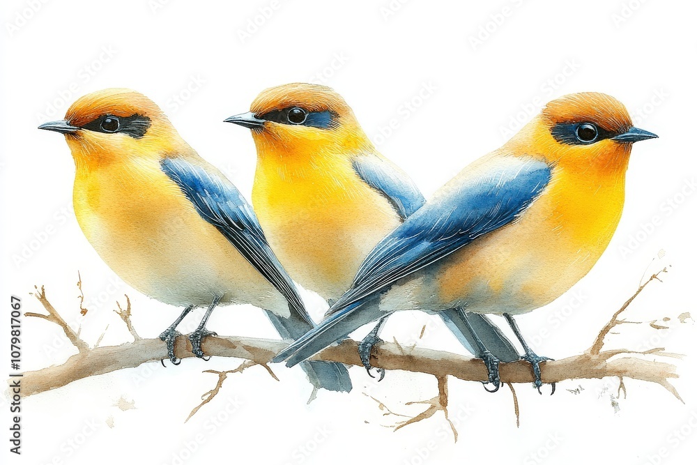 Three colorful birds perched on a branch, showcasing vibrant plumage and detail. Three colorful birds perched on a branch, showcasing vibrant plumage and detail.