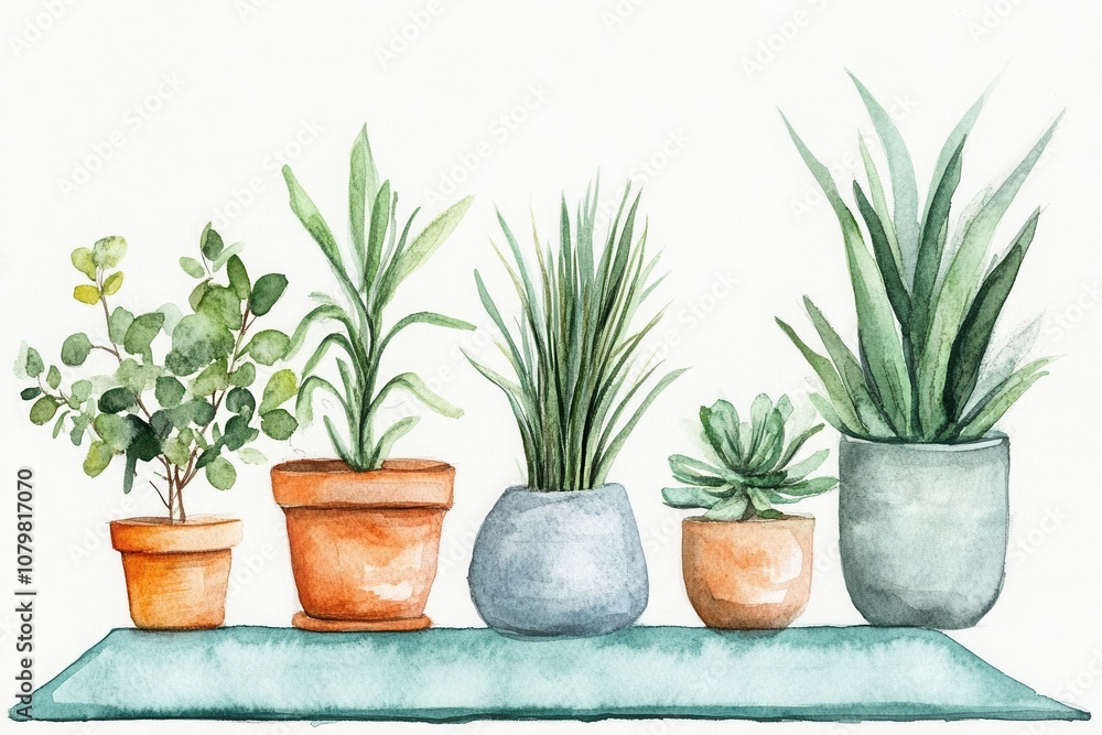 Obraz premium Simple watercolor of a yoga mat and plants, isolated on white, rest, watercolor, minimalist