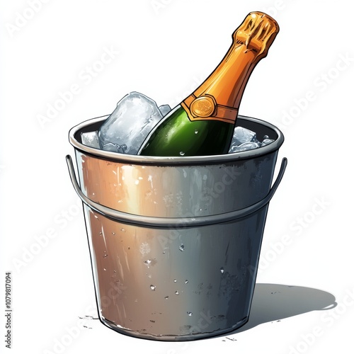 A sparkling champagne bottle chilled in an ice bucket, ready for celebration at a festive event