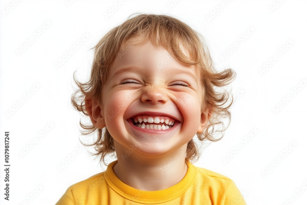 Realistic child with a huge grin, isolated on white, happiness, realistic, innocent Realistic child with a huge grin, isolated on white, happiness, realistic, innocent