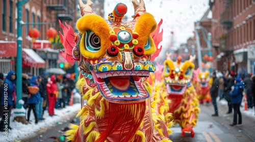 Two colorful dragon dancers perform in a street parade during a Chinese New Year celebration.