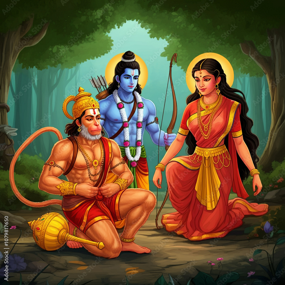 Fototapeta premium Lord Rama and Sita seated in a forest with Lord Hanuman kneeling in reverence, symbolizing devotion, loyalty, and divine love
