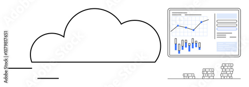 Wallpaper Mural Cloud outline connected to a screen displaying graphs and charts, alongside financial stacks. Ideal for themes thumbs up data management, financial analysis, cloud technology, business insights, tech Torontodigital.ca