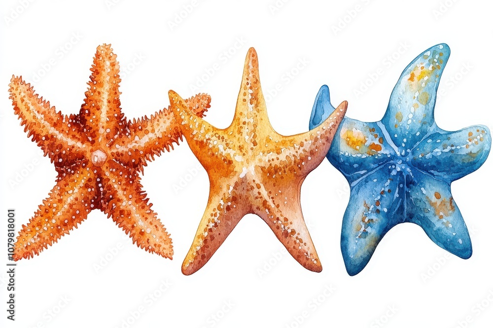 Three colorful starfish arranged in a row, showcasing marine life.